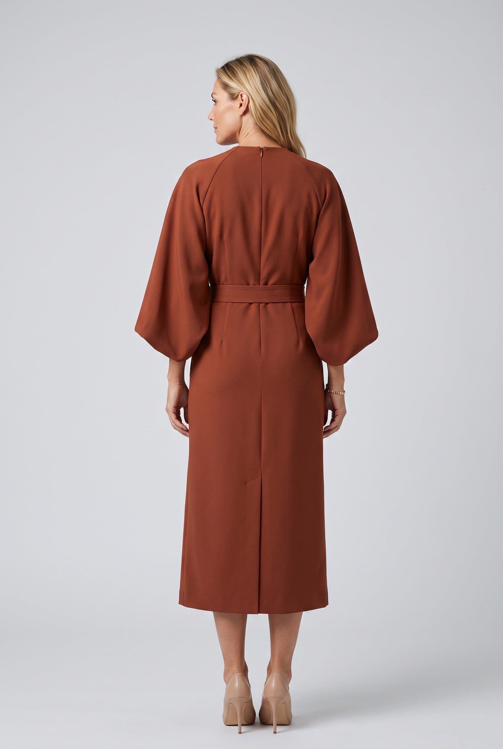 Esme | Wide Sleeve Belted Round Neck Midi Dress