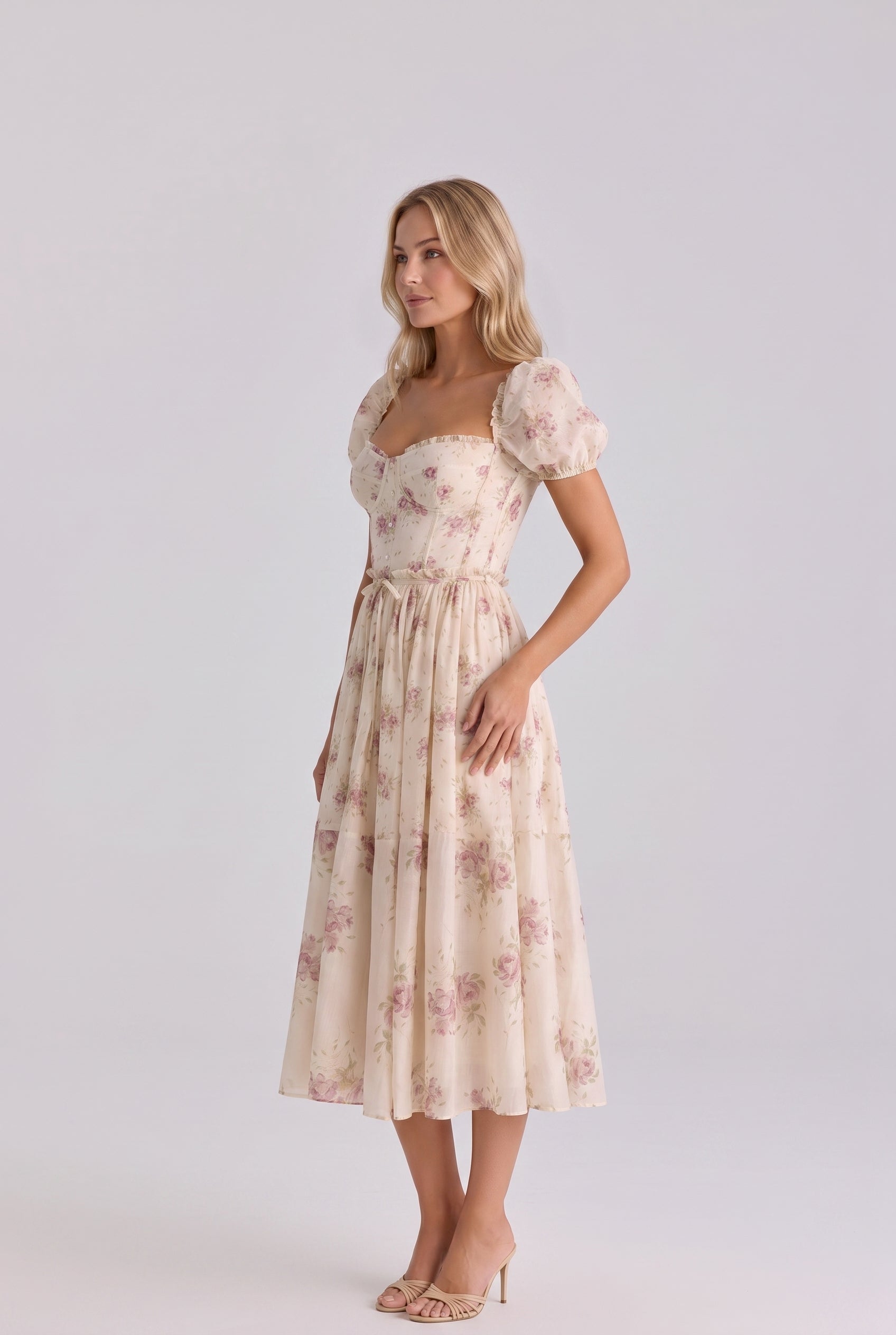 Sabine | Floral Print Puff Sleeve Midi Dress