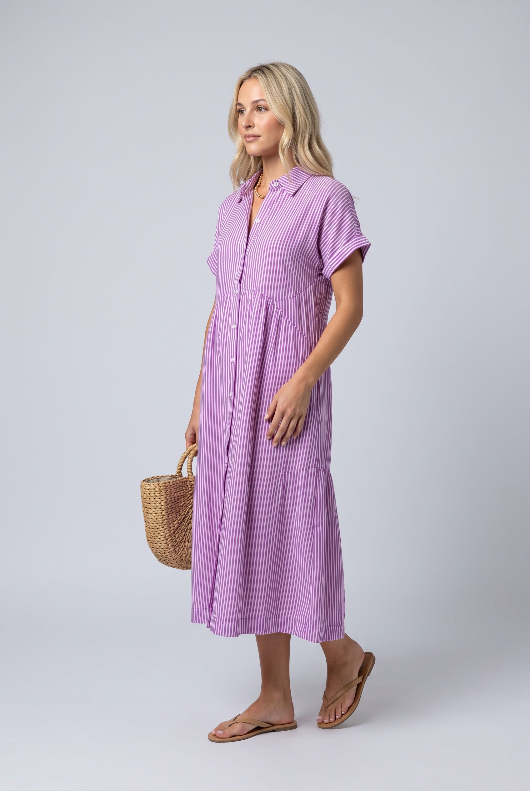 Riley | Striped Button-Up Midi Shirt Dress