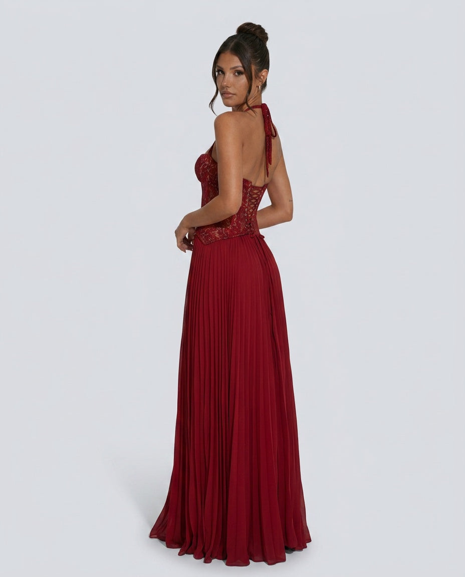 Ottilie | Sweetheart Lace Chiffon Pleated Maxi Dress