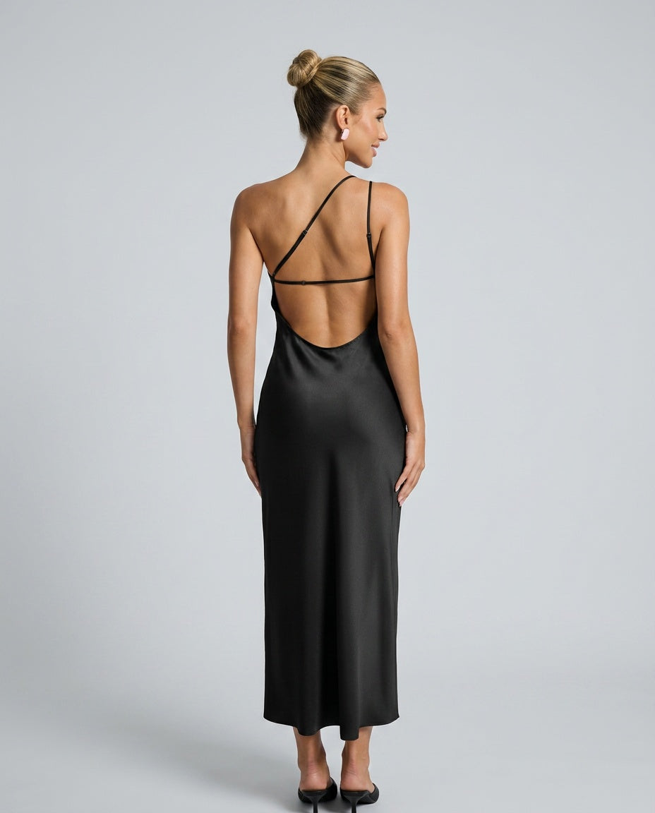 Bianca | Asymmetric Open Back Spaghetti Strap Midi Dress