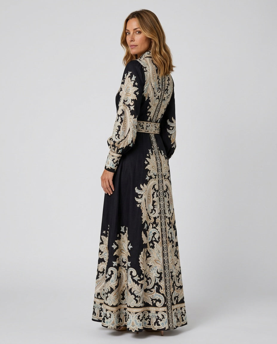 Ellie | Belted Paisley Embroidered Abaya Maxi Dress