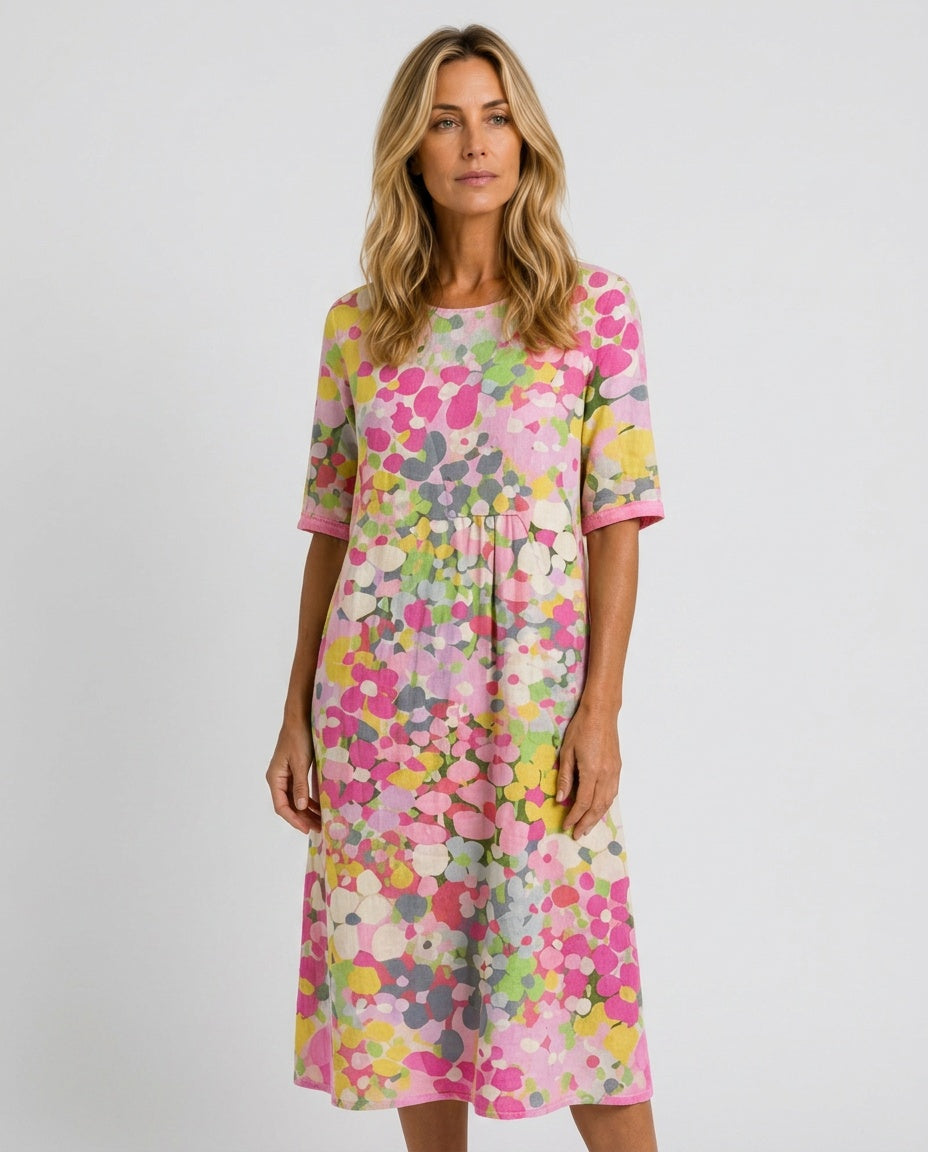 Valentina | Abstract Floral Cotton-Linen Midi Dress