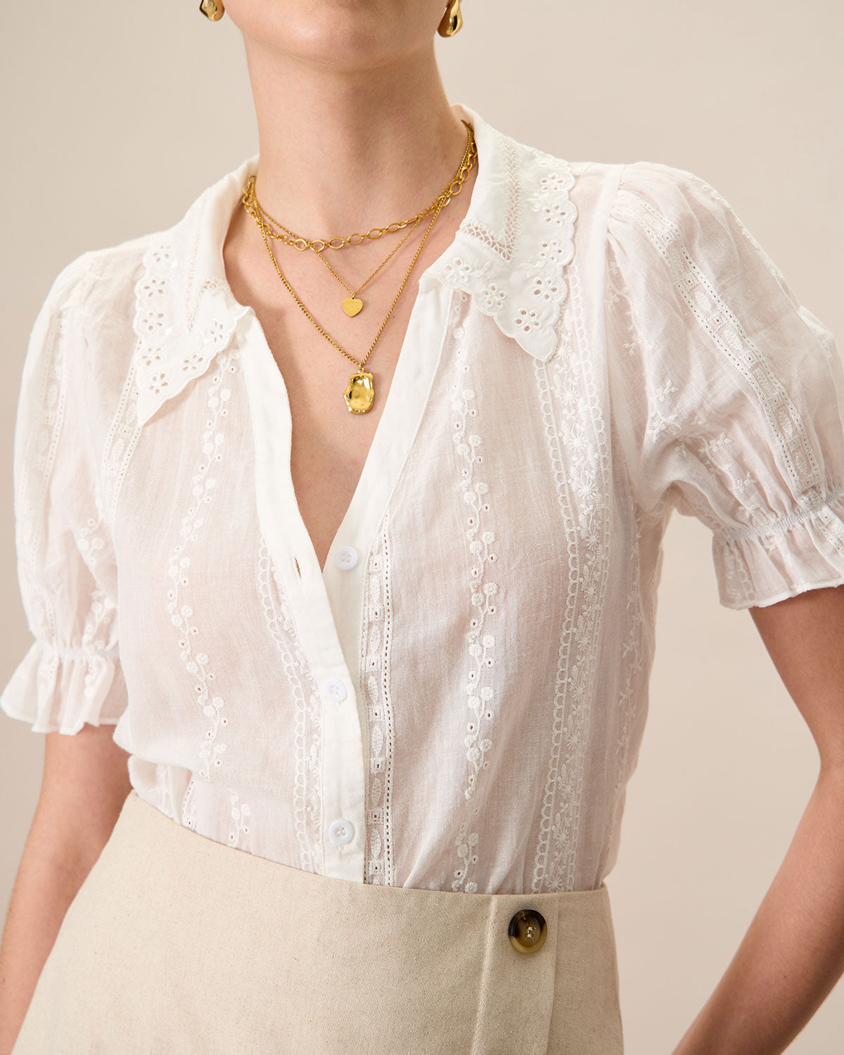 Nadia | Collared Lace Embroidery Cotton Blouse