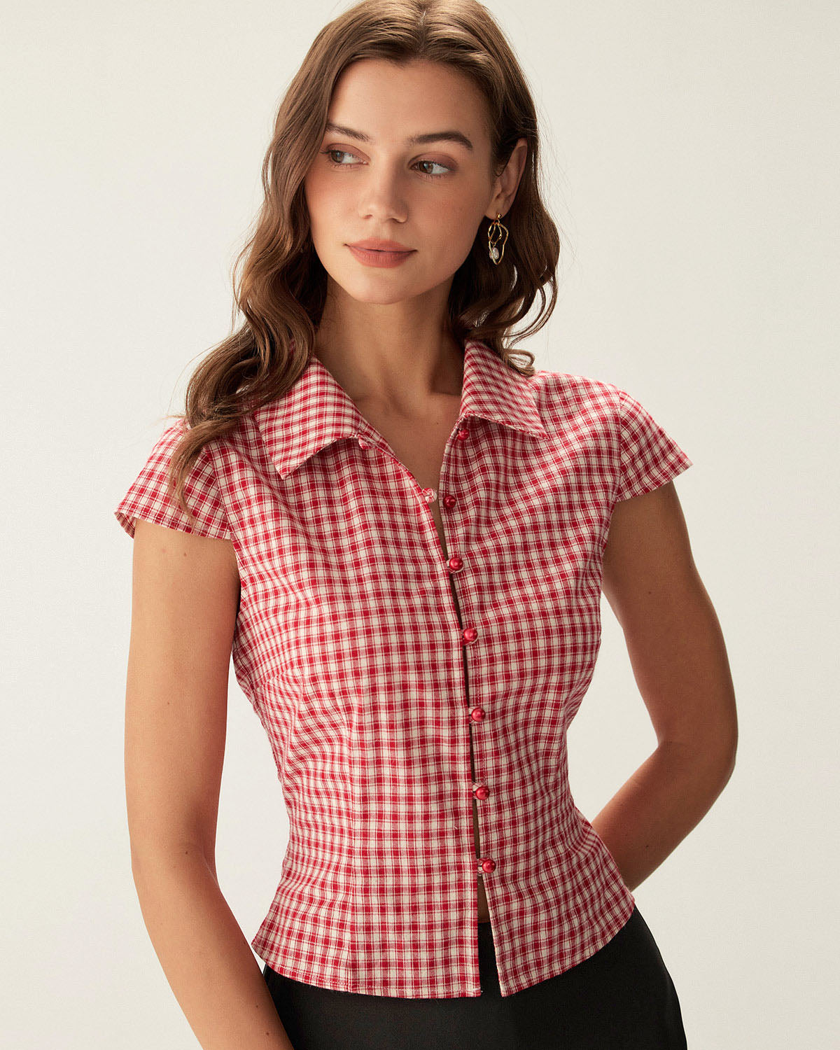 Celeste | Cap Sleeve Plaid Button Blouse