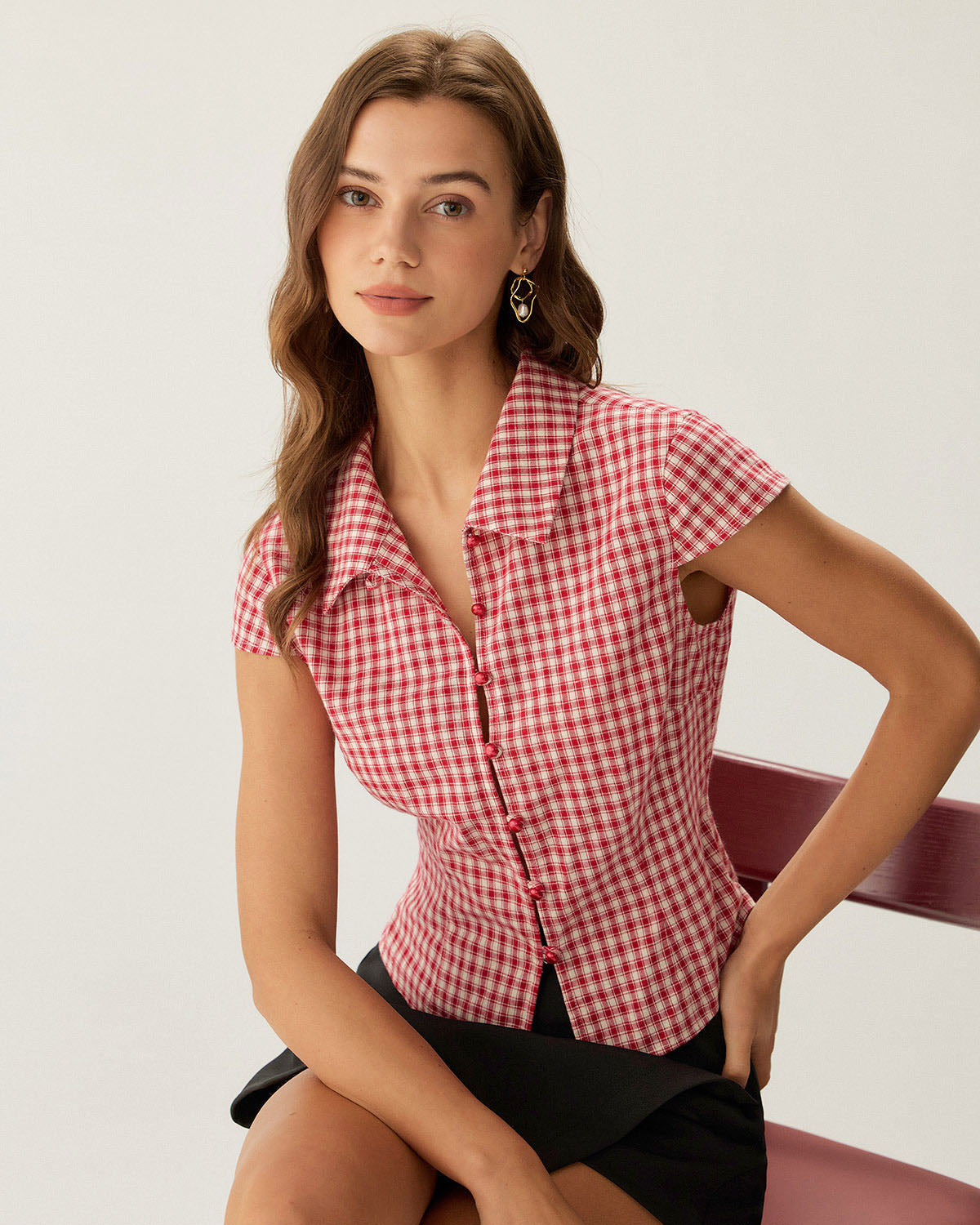 Celeste | Cap Sleeve Plaid Button Blouse