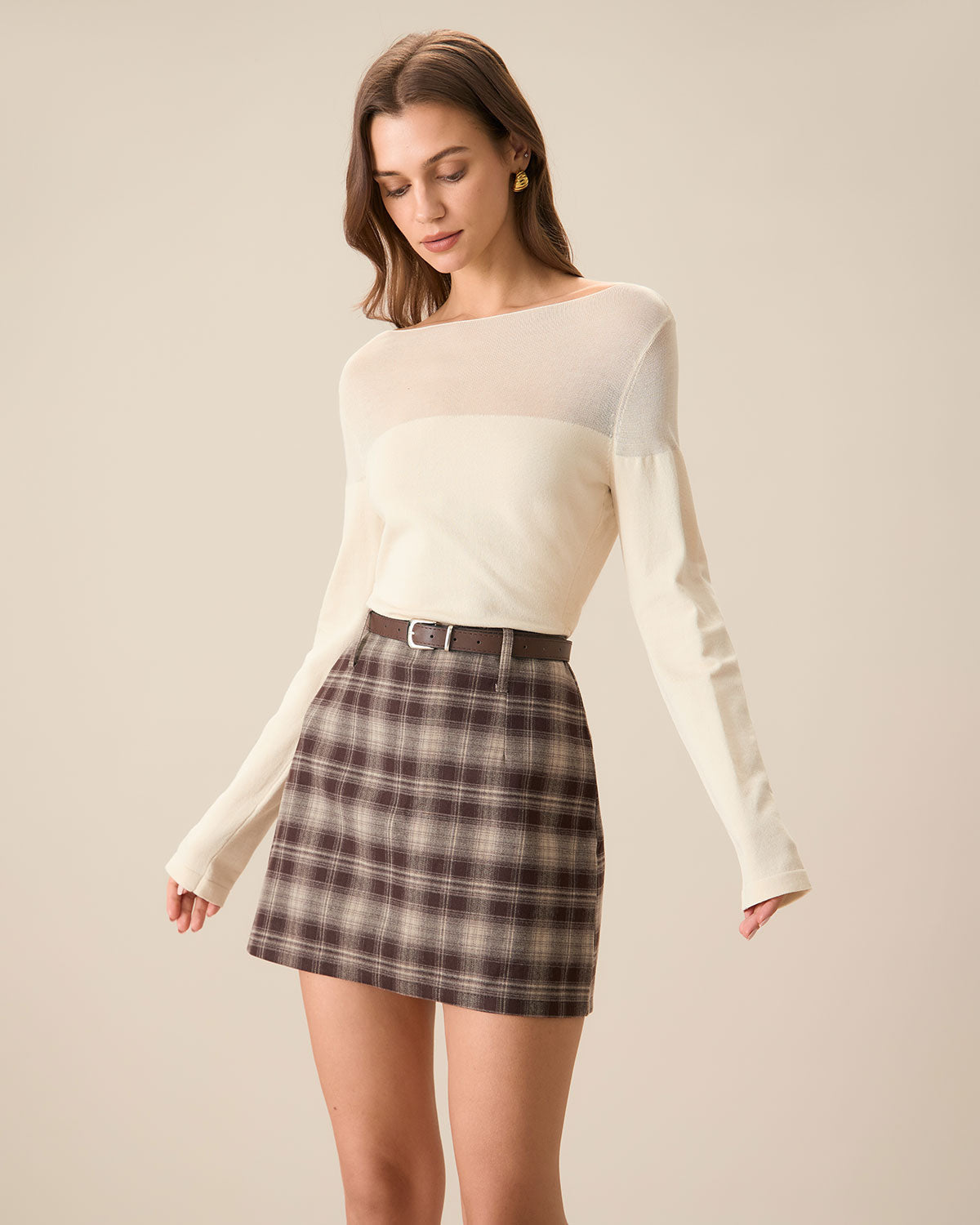 Mabel | Brown Plaid Straight Mini Skirt