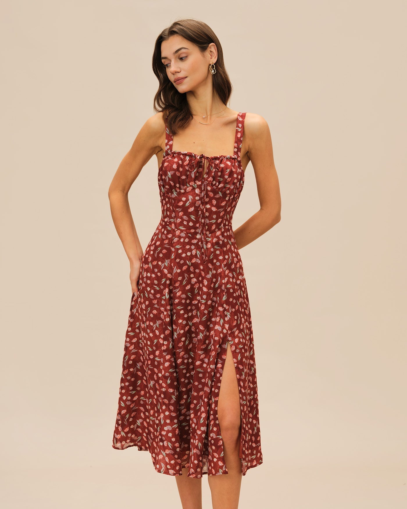 Leona | Floral Print Spaghetti Strap Midi Dress