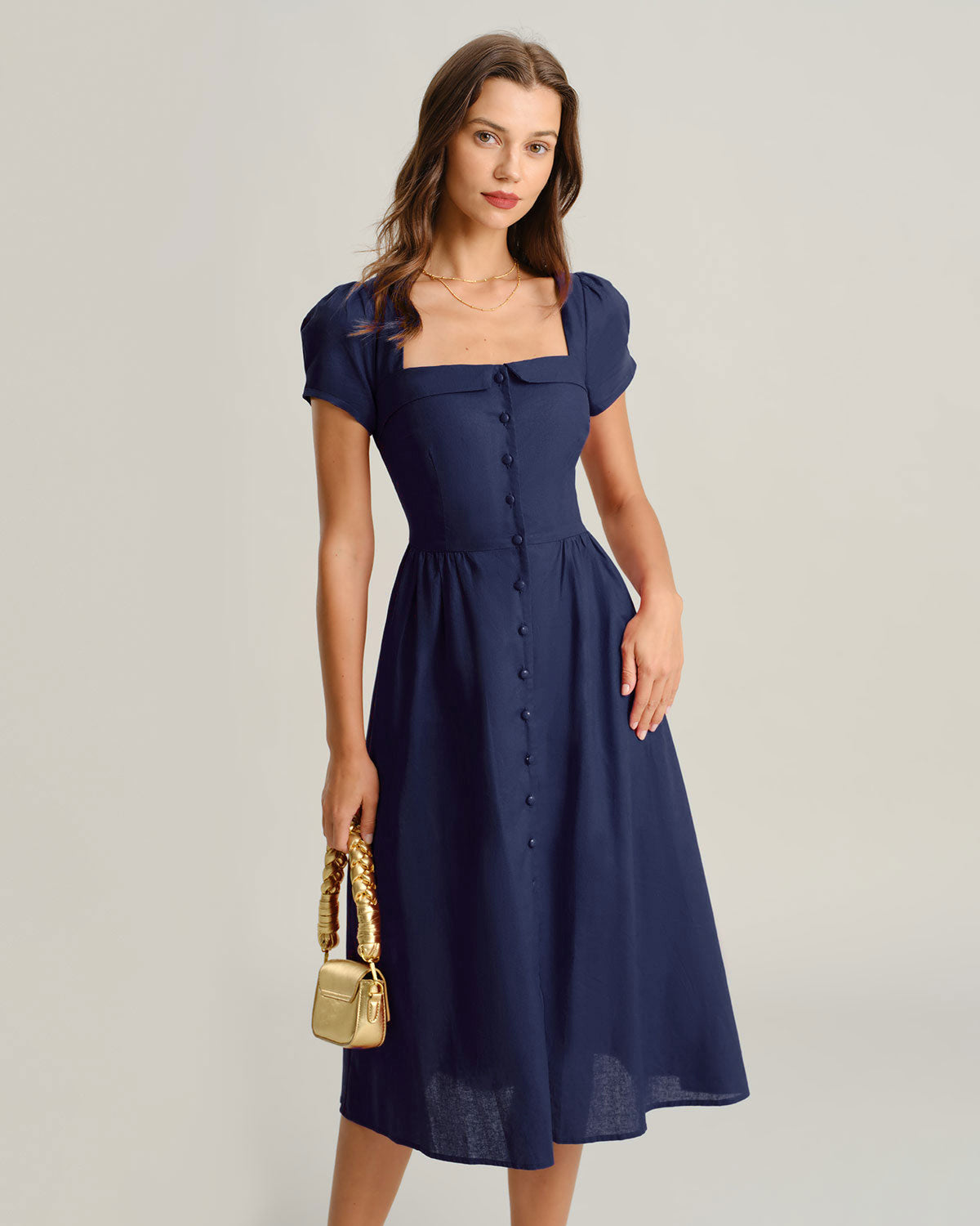 Opal | Square Neck Short Sleeve A-Line Midi Dress