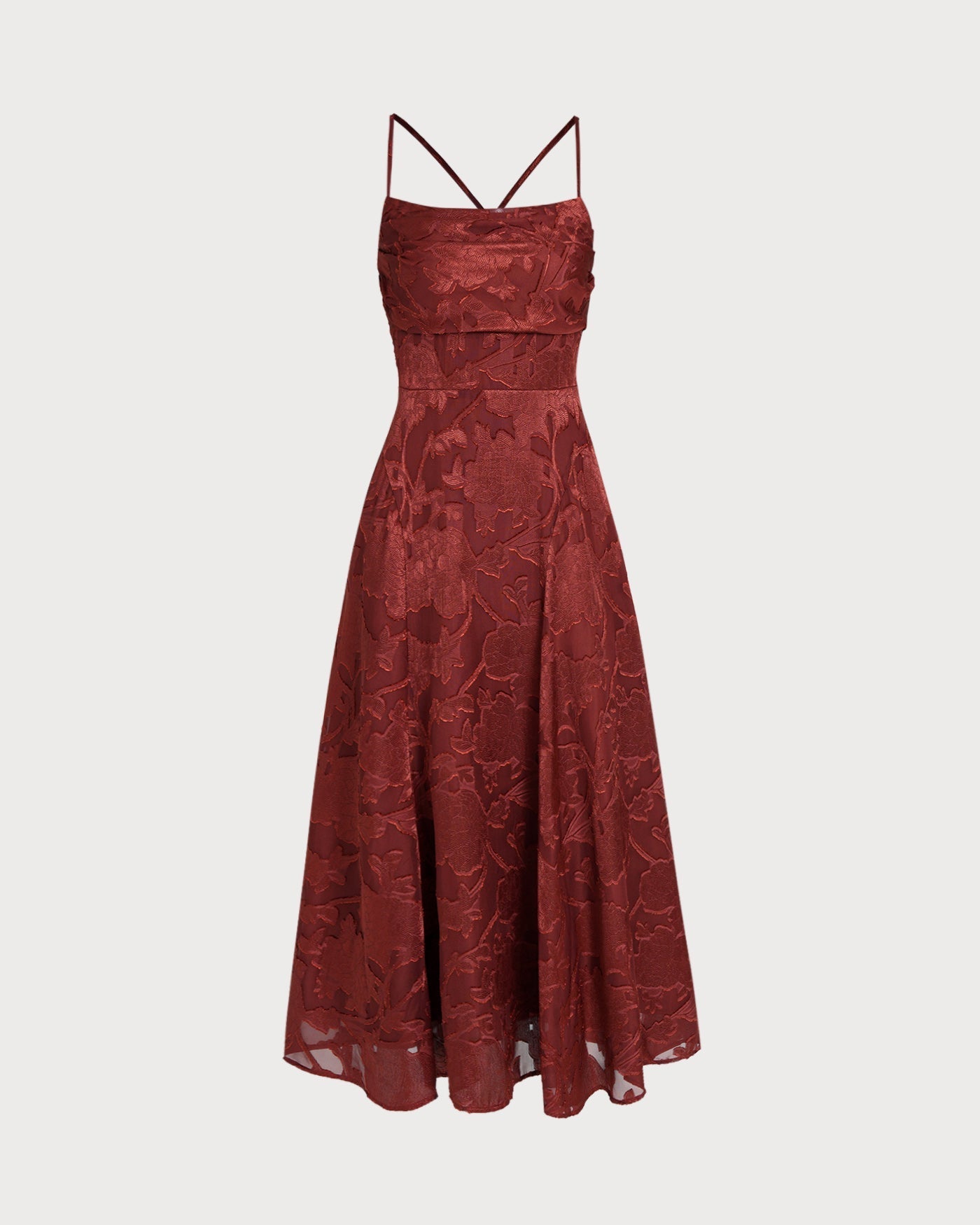 Rosalind | Floral Cross-Back Brick Red Maxi Dress