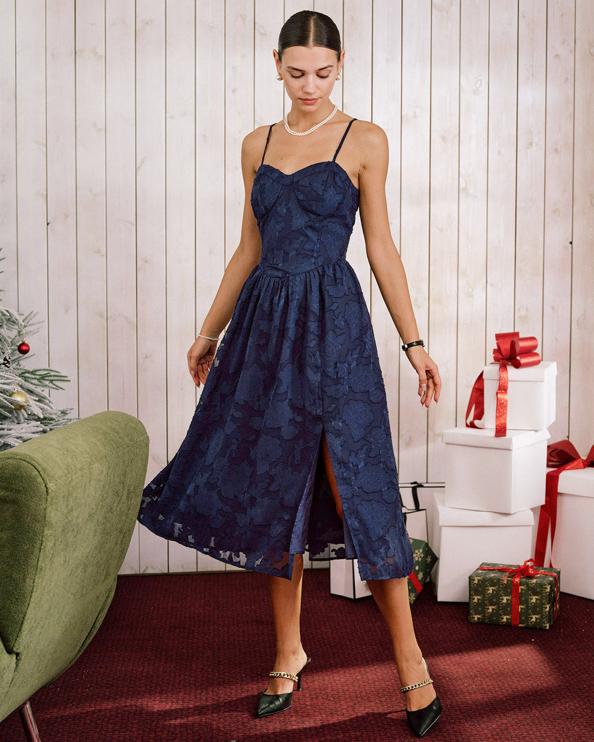 Edith | Jacquard A-Line Spaghetti Strap Midi Dress