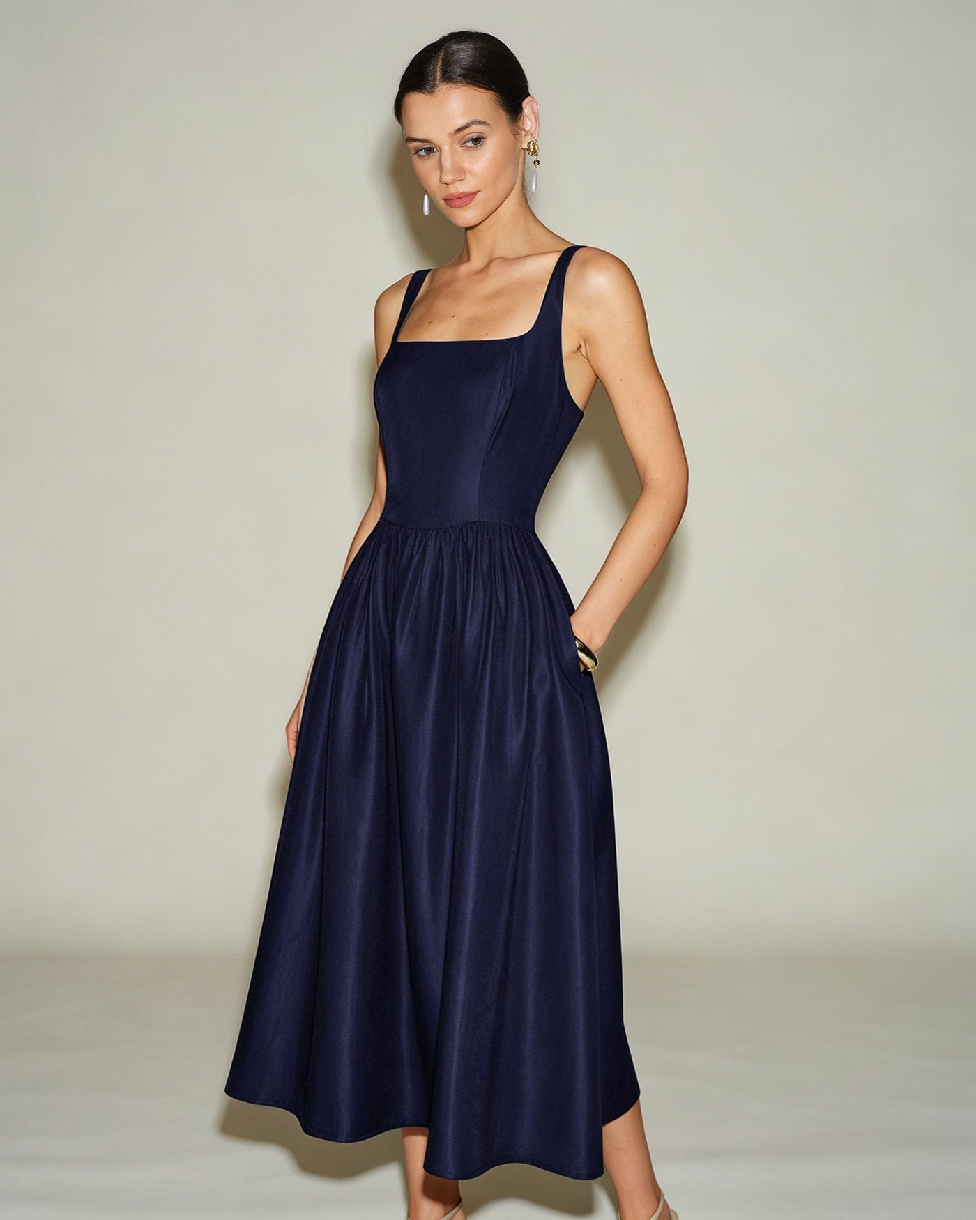 Clea | Spaghetti Strap A-Line Slip Midi Dress