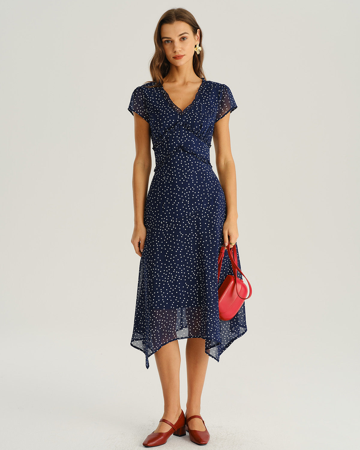 Mabel | Navy Polka Dot Cap Sleeve Midi Dress