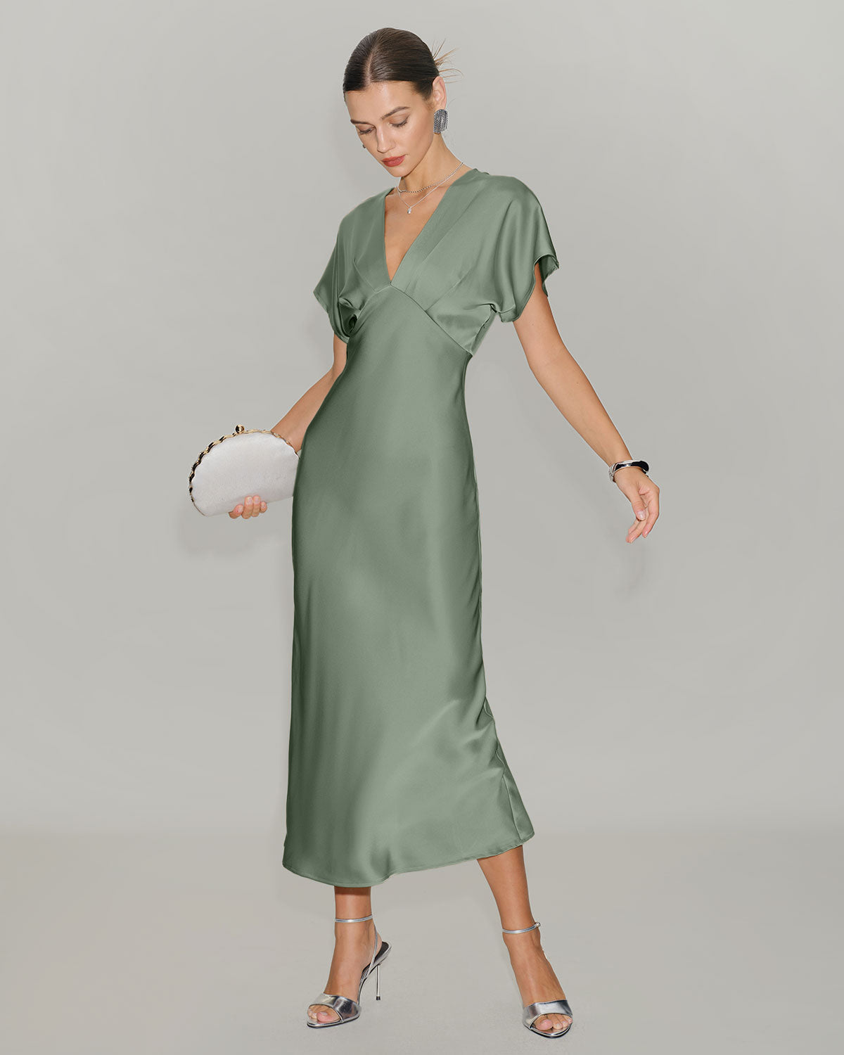 Una | V-Neck Satin-Look A-Line Midi Dress