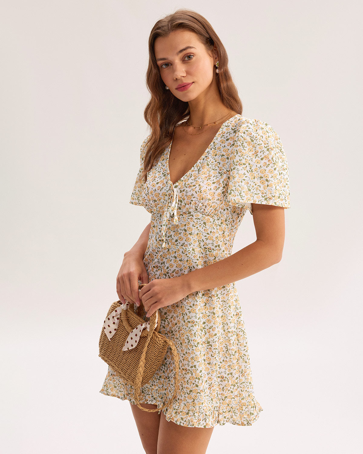 Edda | Yellow Floral V-Neck Mini Dress