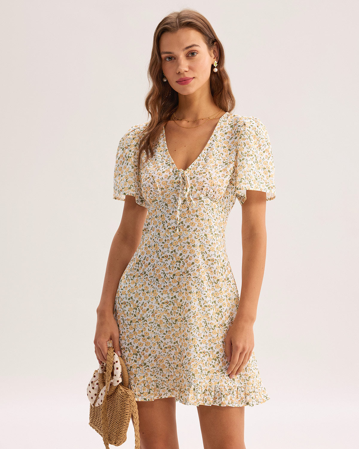 Edda | Yellow Floral V-Neck Mini Dress