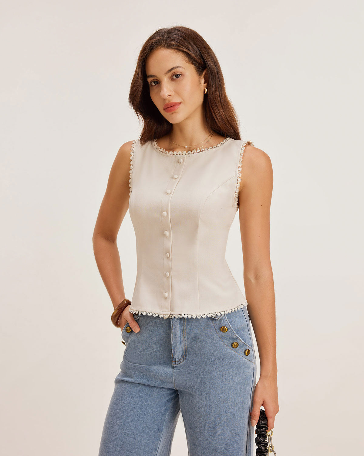 Priya | Sleeveless Boat Neck Button Vest
