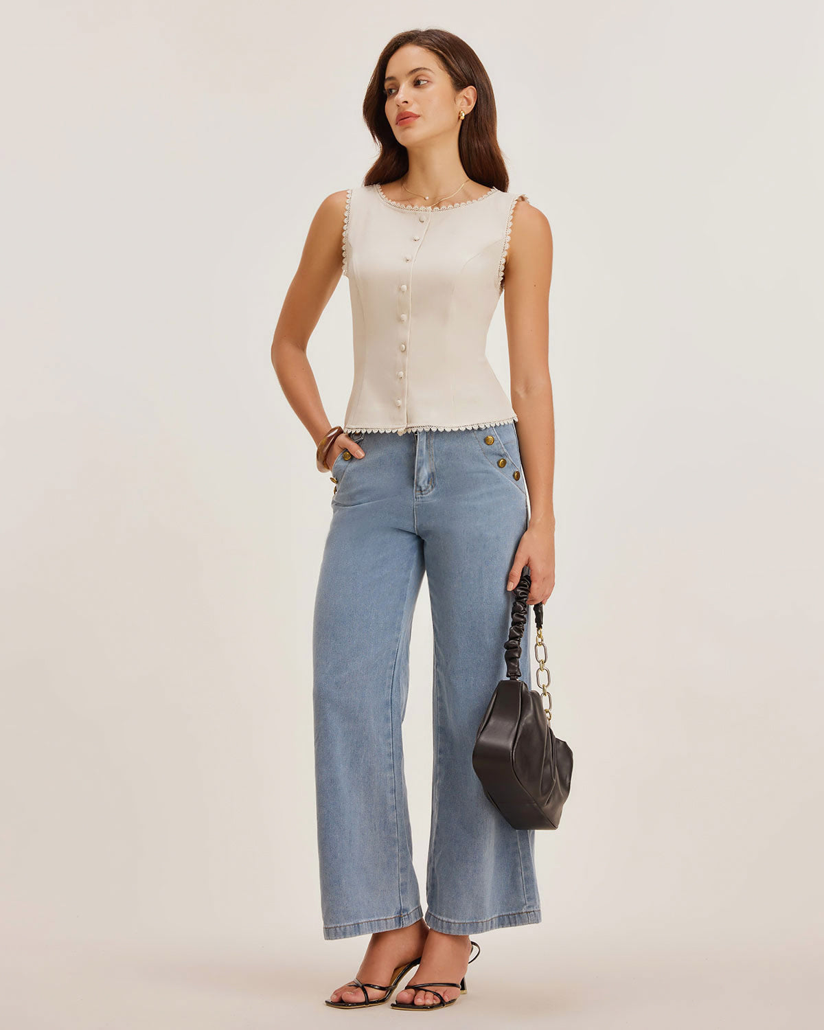 Priya | Sleeveless Boat Neck Button Vest