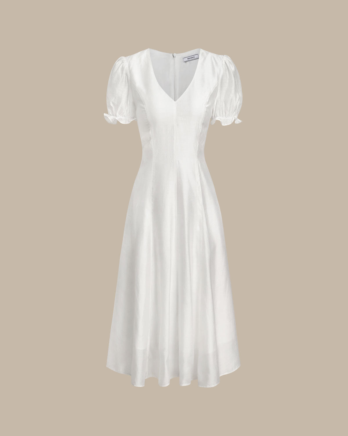 Zara | Puffed Sleeve V-Neck White Midi Dress