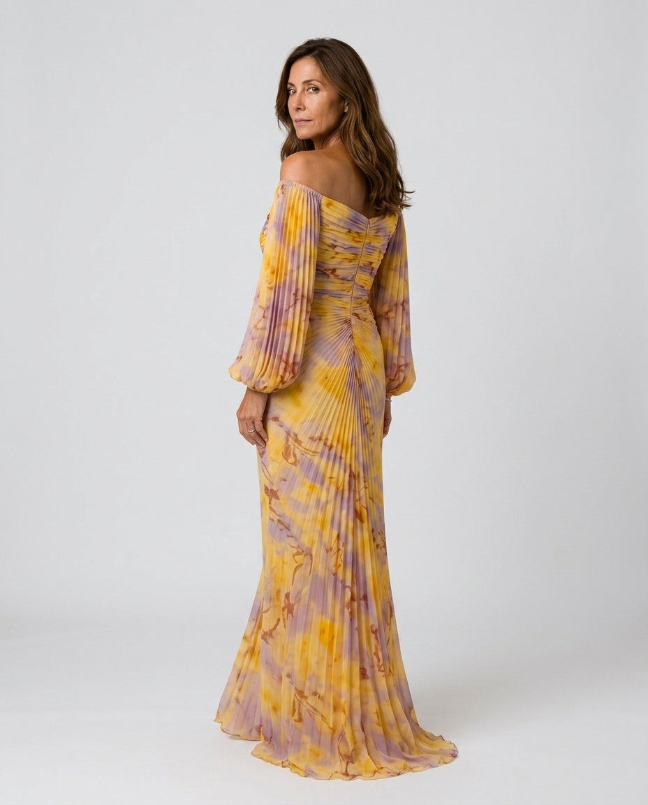 Eulalie | Off-Shoulder Pleated Long Sleeve Maxi Dress