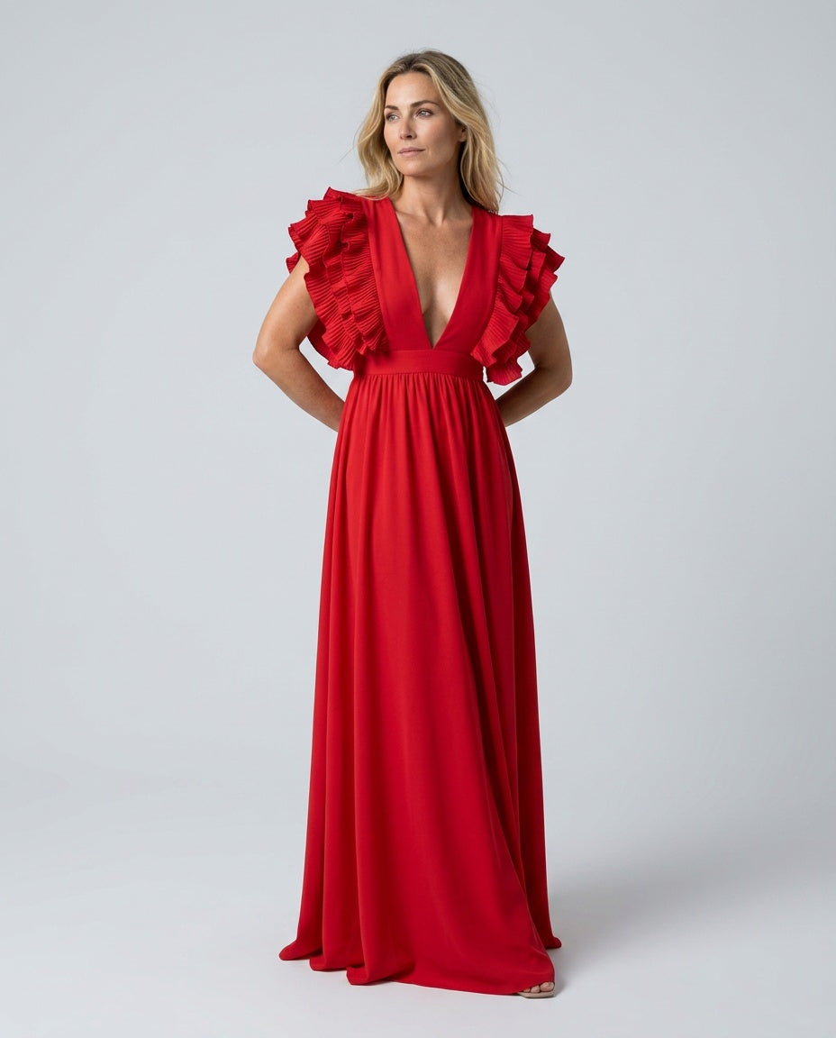 Tessa | Ruffled Sleeve & Neckline Maxi Dress