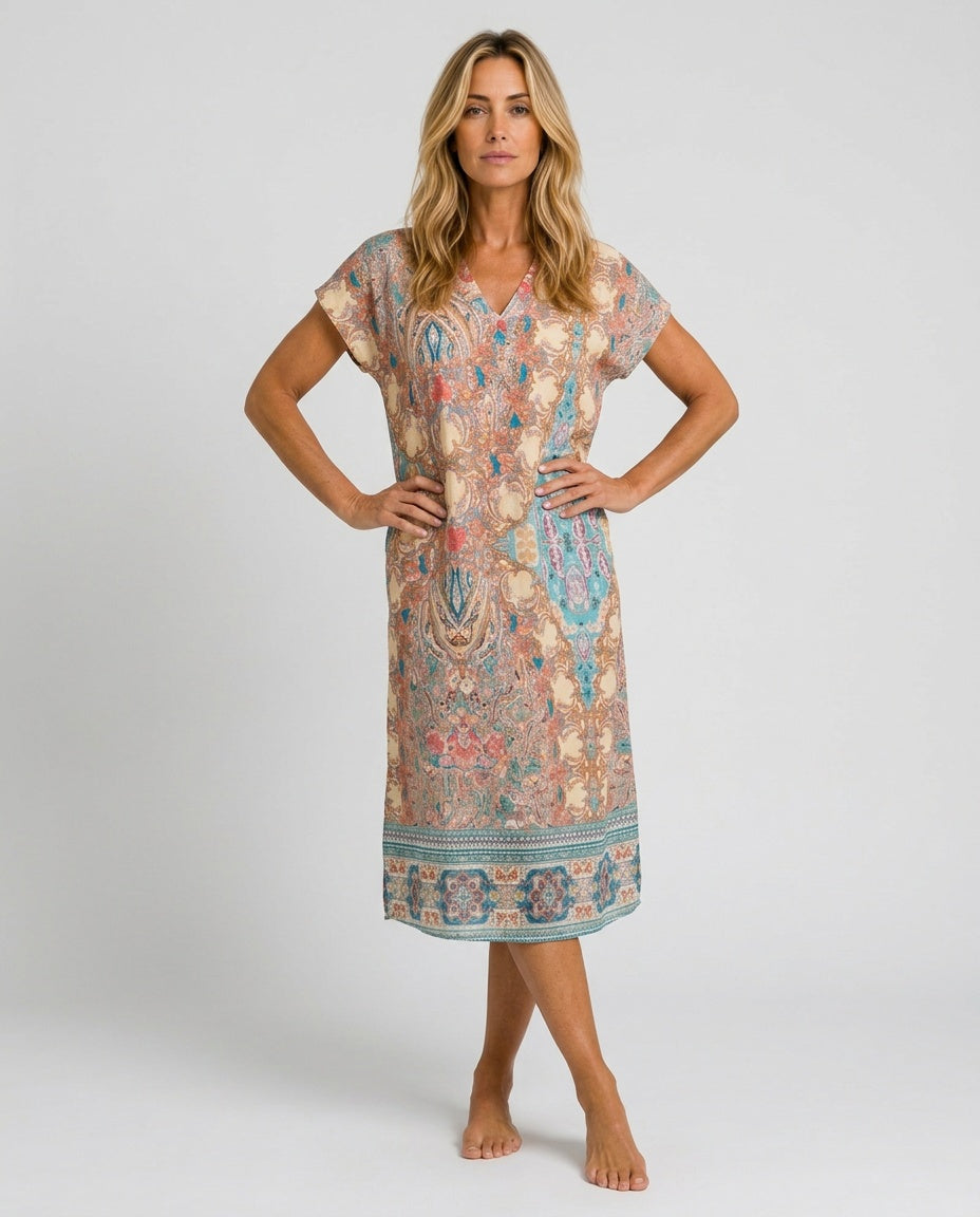 Maeve | Printed V-Neck Short Sleeve Midi Dress