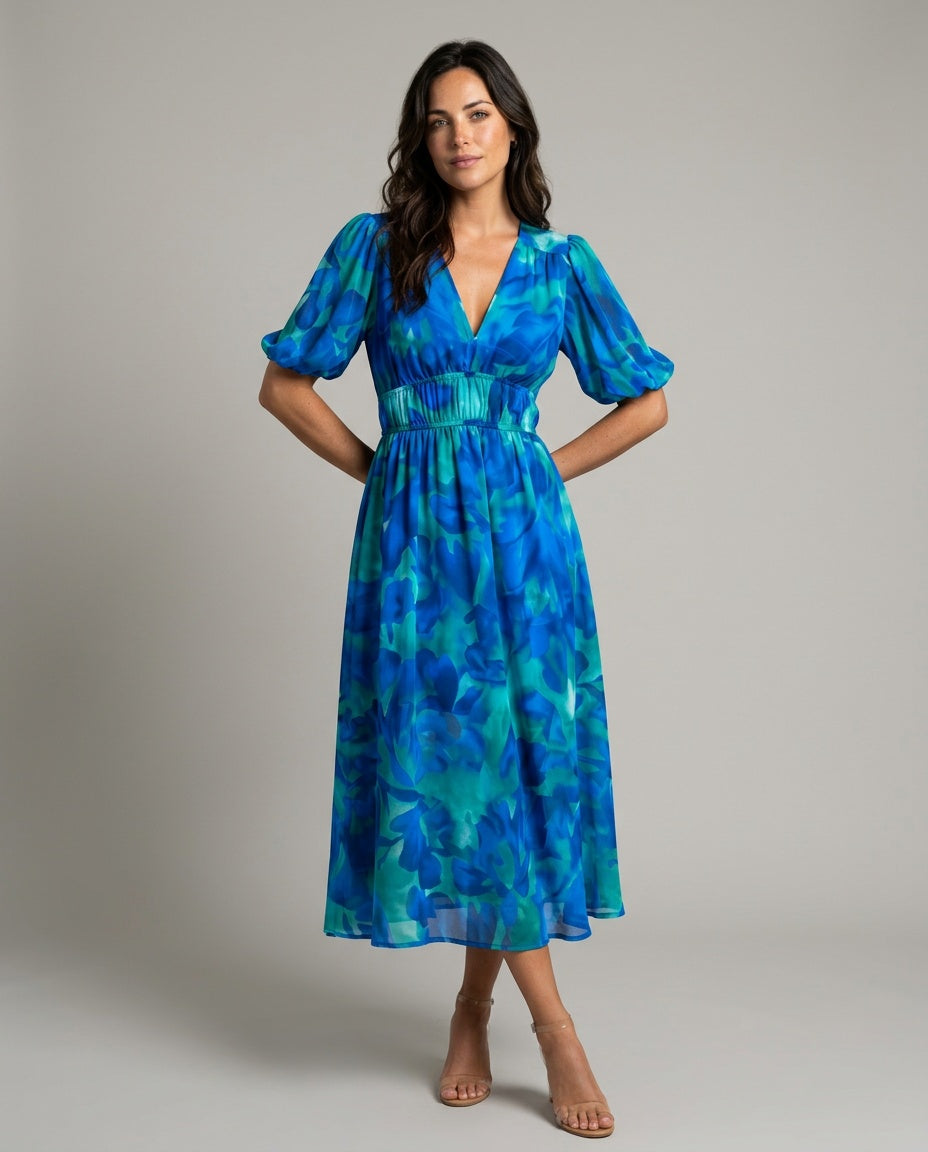 Dahlia | Floral Puff Sleeve Party Midi Dress