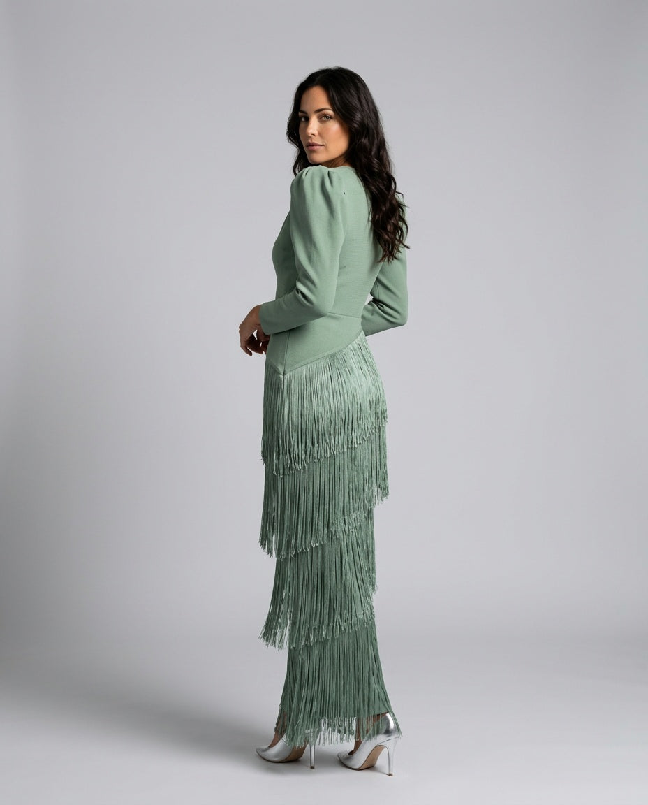 Brigitte | Fringe V-Neck Long Sleeve Midi Dress