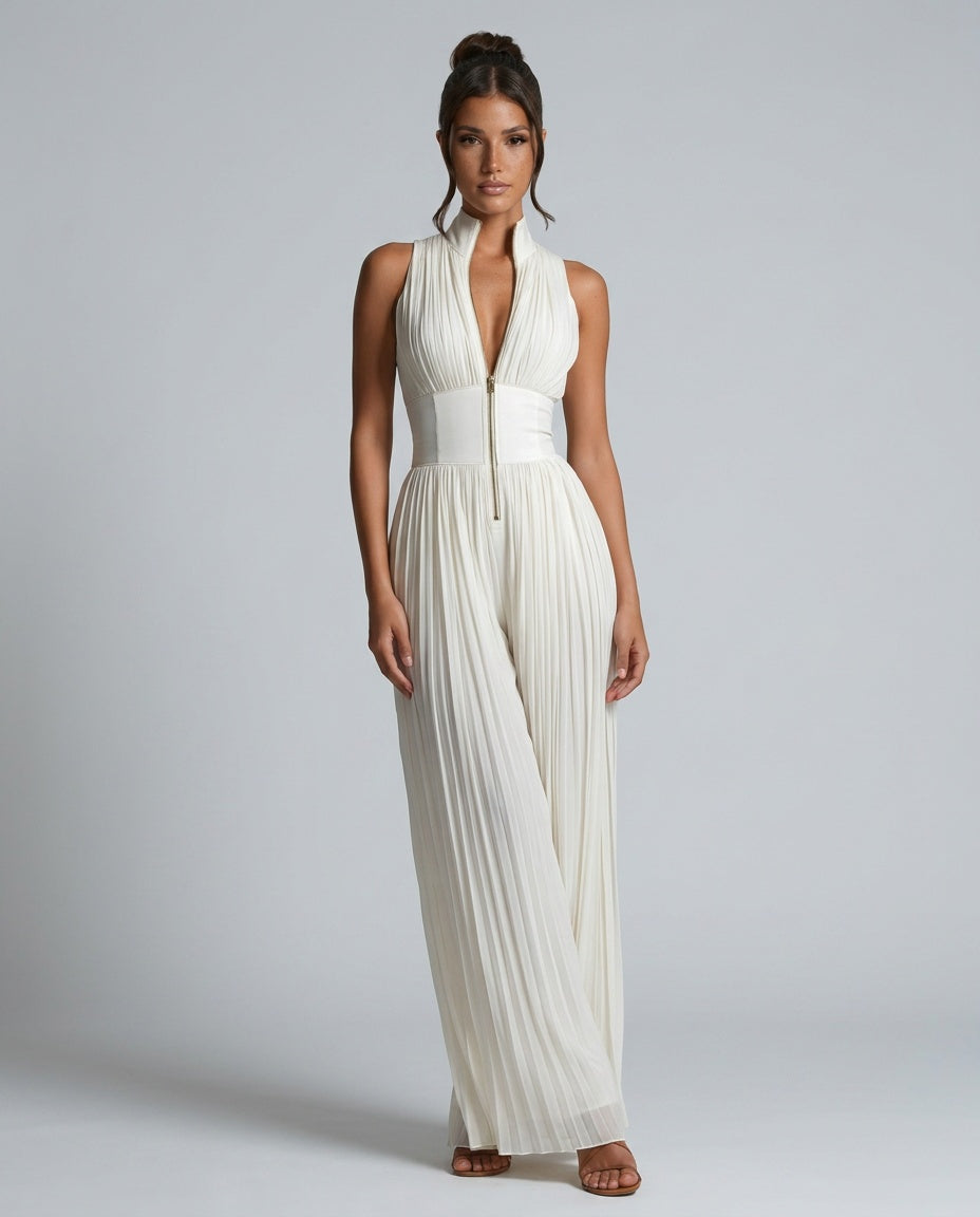 Celara | Pleated Wide-Leg Chiffon Jumpsuit