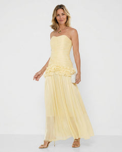 Edith | Strapless Pleated Ruffle Metallic Maxi Dress