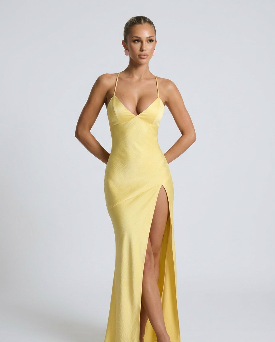 Léonie | Spaghetti Strap V-Neck Satin Maxi Dress