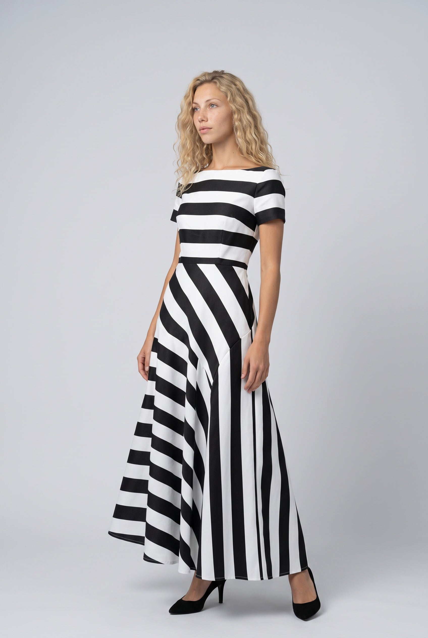 Freya | Striped Asymmetrical Short Sleeve Midi Dress