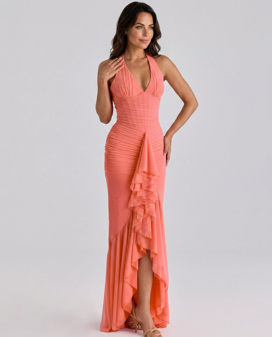 Talia | Mesh Corset Frill Maxi Dress