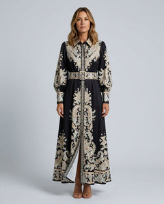 Ellie | Belted Paisley Embroidered Abaya Maxi Dress