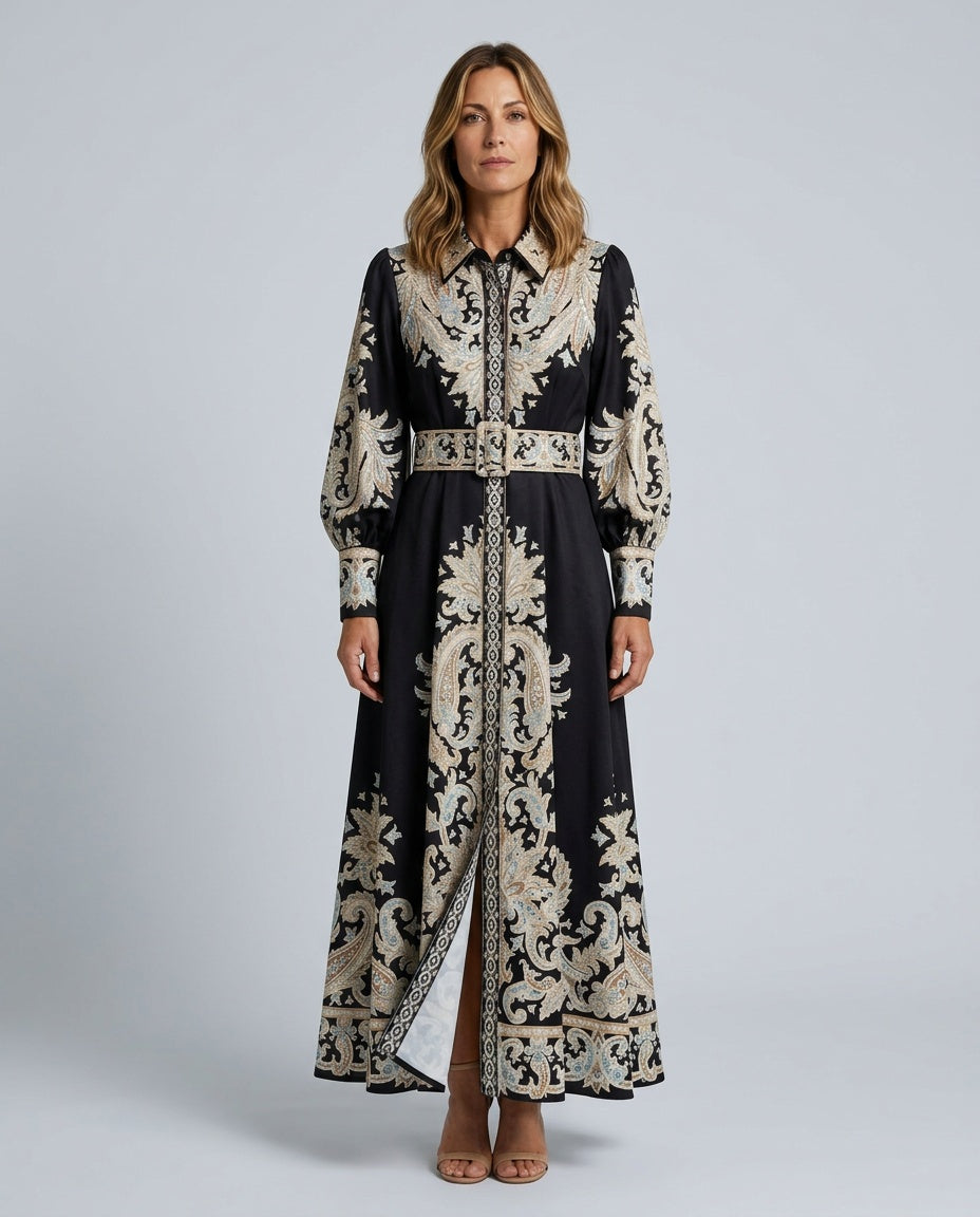 Ellie | Belted Paisley Embroidered Abaya Maxi Dress