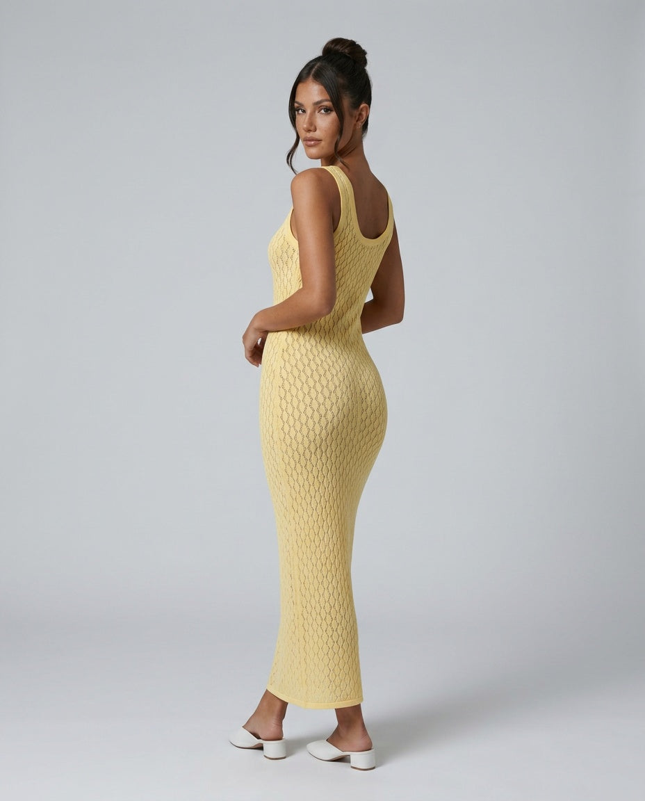 Clio | Openwork Fitted Yellow Maxi Dress