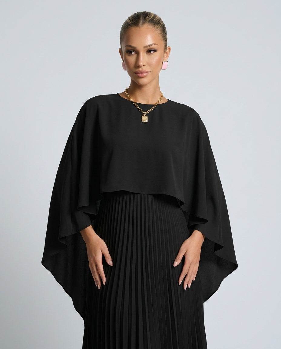 Oryna | Asymmetric Cape Overlay Pleated Maxi Dress