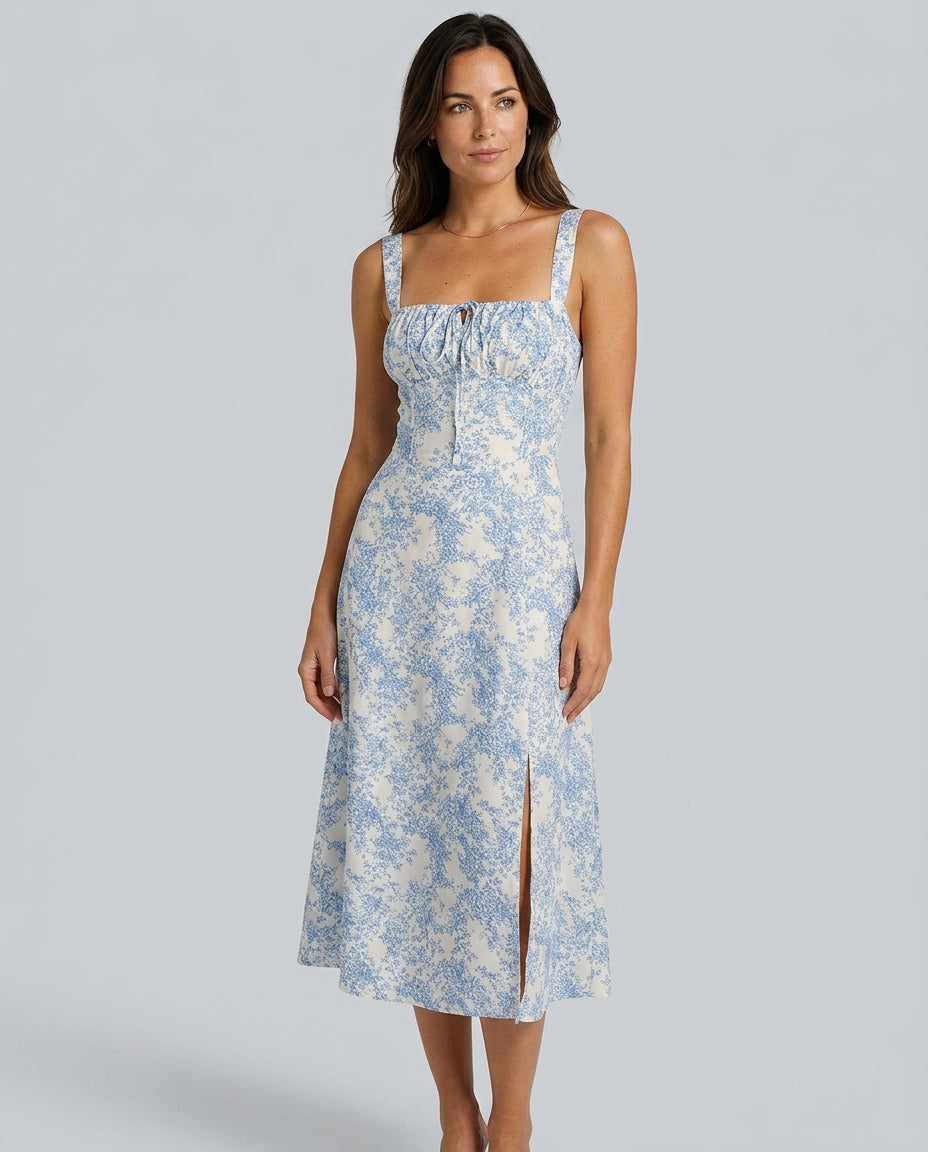 Amara | Floral Ruched Spaghetti Strap Midi Dress